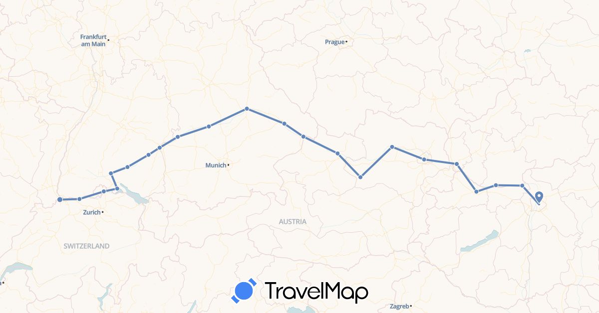 TravelMap itinerary: driving, cycling in Austria, Switzerland, Germany, Hungary, Slovakia (Europe)